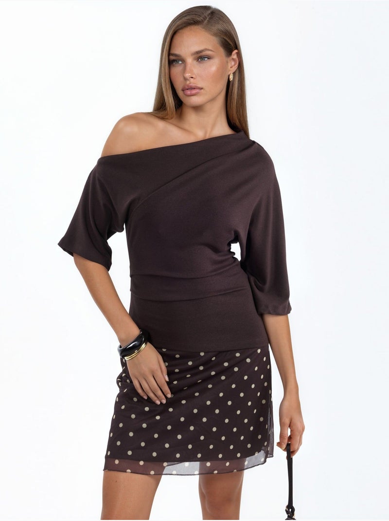 Blusa em malha de manga curta com decote barco para mulher busem Castanho-chocolate - Kiabi