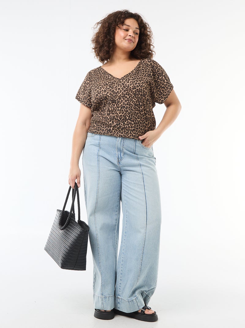 Blusa em material crepe com mangas curtas Bege - Kiabi