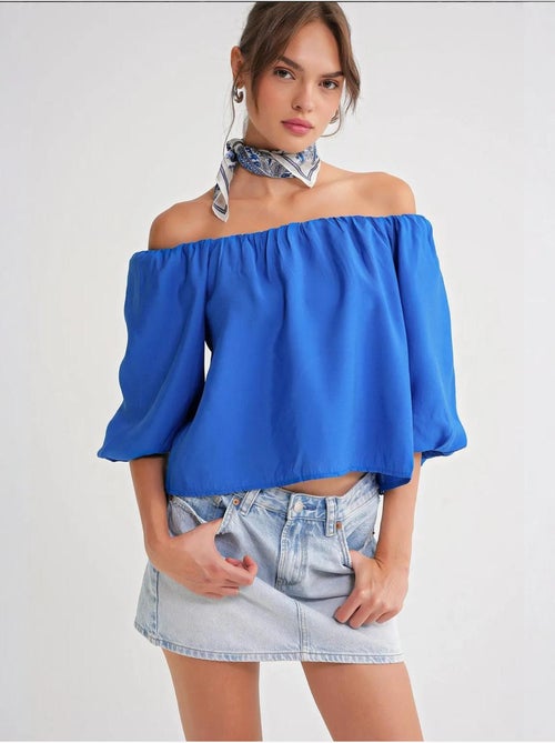Blusa em mistura de modal com gola madonna e detalhe de folhos mixray - Kiabi