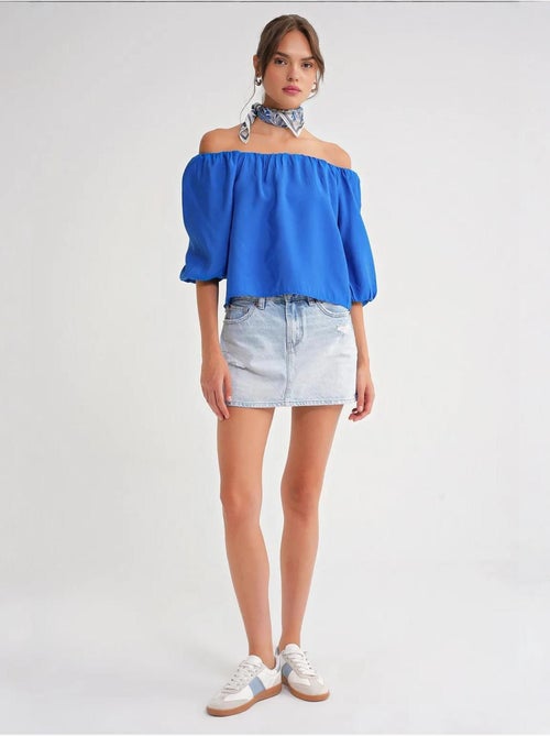 Blusa em mistura de modal com gola madonna e detalhe de folhos mixray - Kiabi