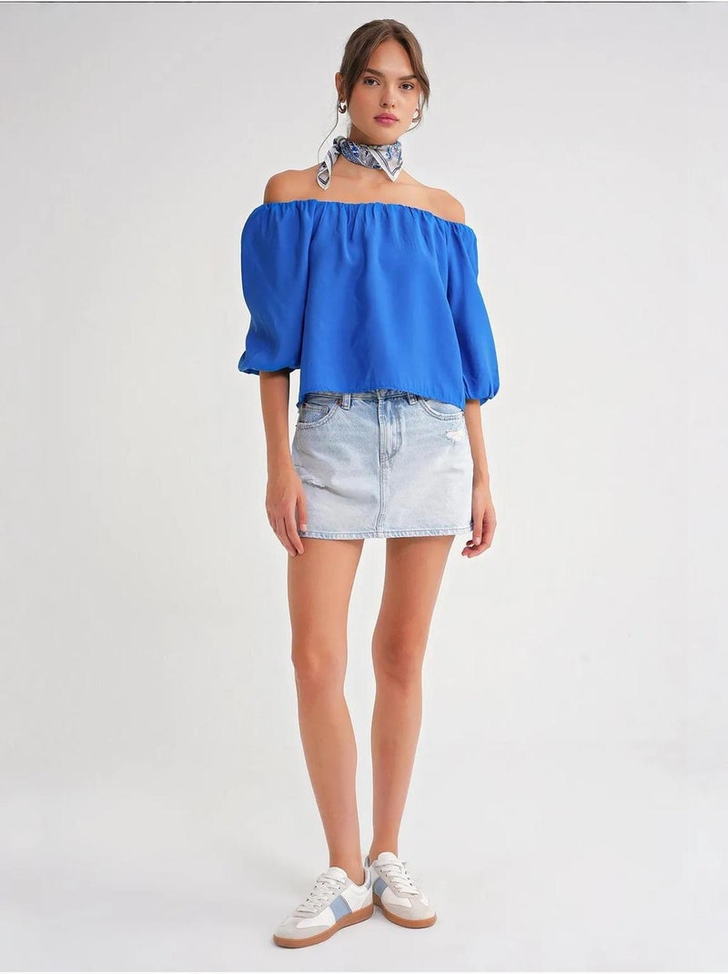 Blusa em mistura de modal com gola madonna e detalhe de folhos mixray Azul-cobalto - Kiabi