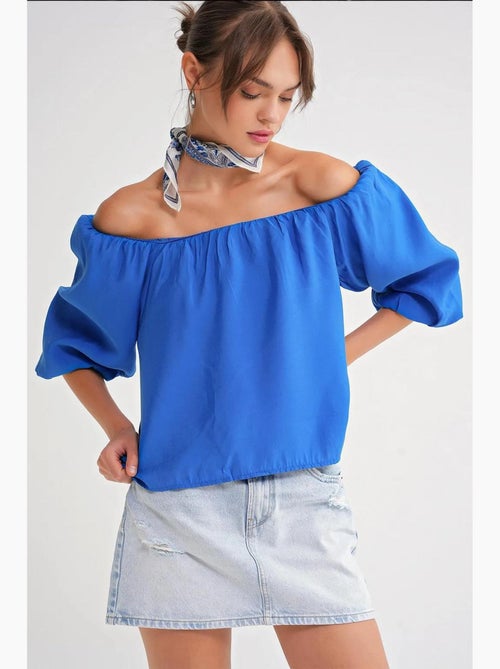 Blusa em mistura de modal com gola madonna e detalhe de folhos mixray - Kiabi