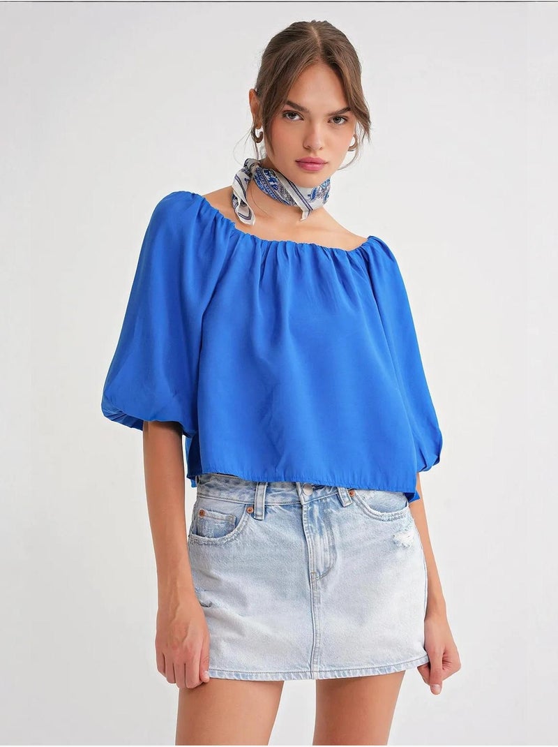 Blusa em mistura de modal com gola madonna e detalhe de folhos mixray Azul-cobalto - Kiabi