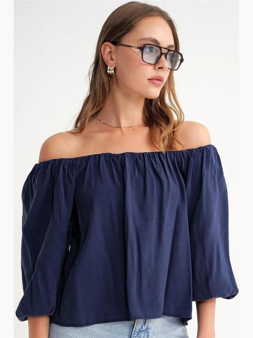 Blusa em mistura de modal com gola madonna e detalhe de folhos mixray - Kiabi