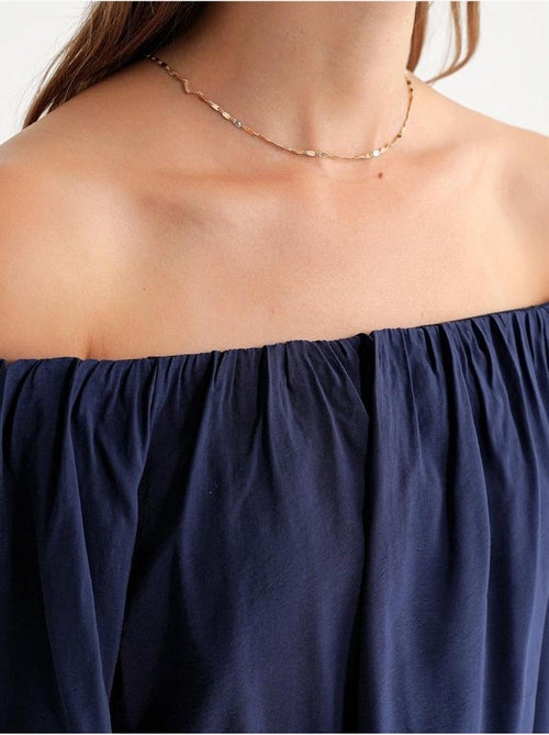 Blusa em mistura de modal com gola madonna e detalhe de folhos mixray - Kiabi