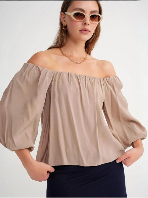Blusa em mistura de modal com gola madonna e detalhe de folhos mixray - Kiabi