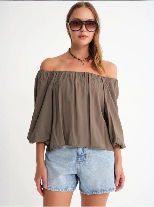 Blusa em mistura de modal com gola madonna e detalhe de folhos mixray - Kiabi
