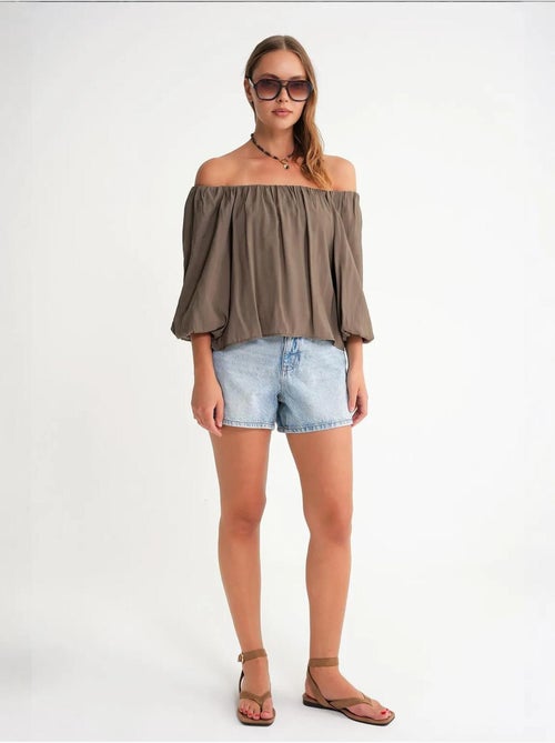 Blusa em mistura de modal com gola madonna e detalhe de folhos mixray - Kiabi