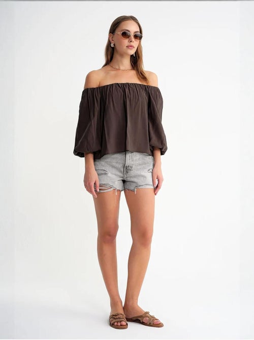 Blusa em mistura de modal com gola madonna e detalhe de folhos mixray - Kiabi