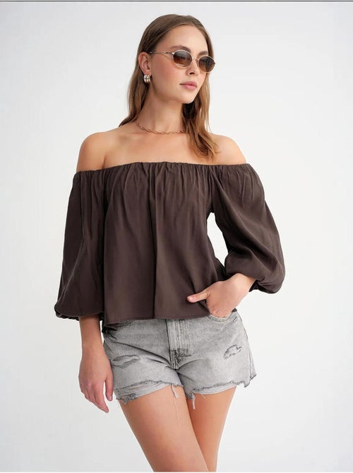 Blusa em mistura de modal com gola madonna e detalhe de folhos mixray - Kiabi
