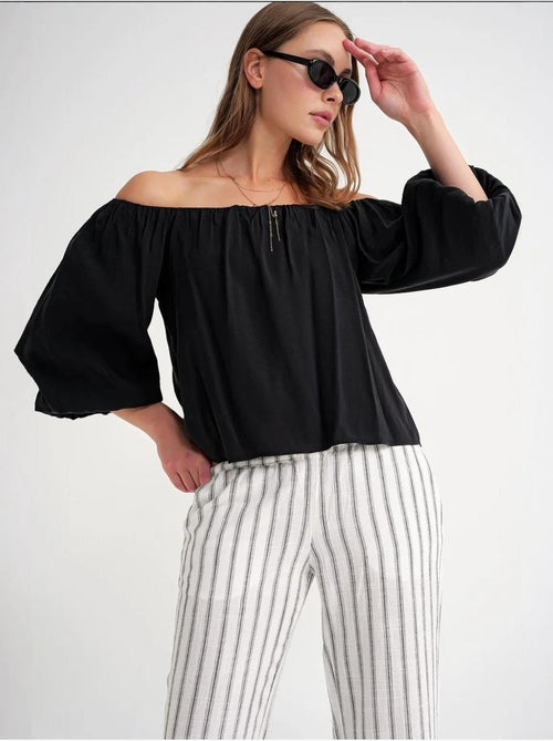 Blusa em mistura de modal com gola madonna e detalhe de folhos mixray - Kiabi
