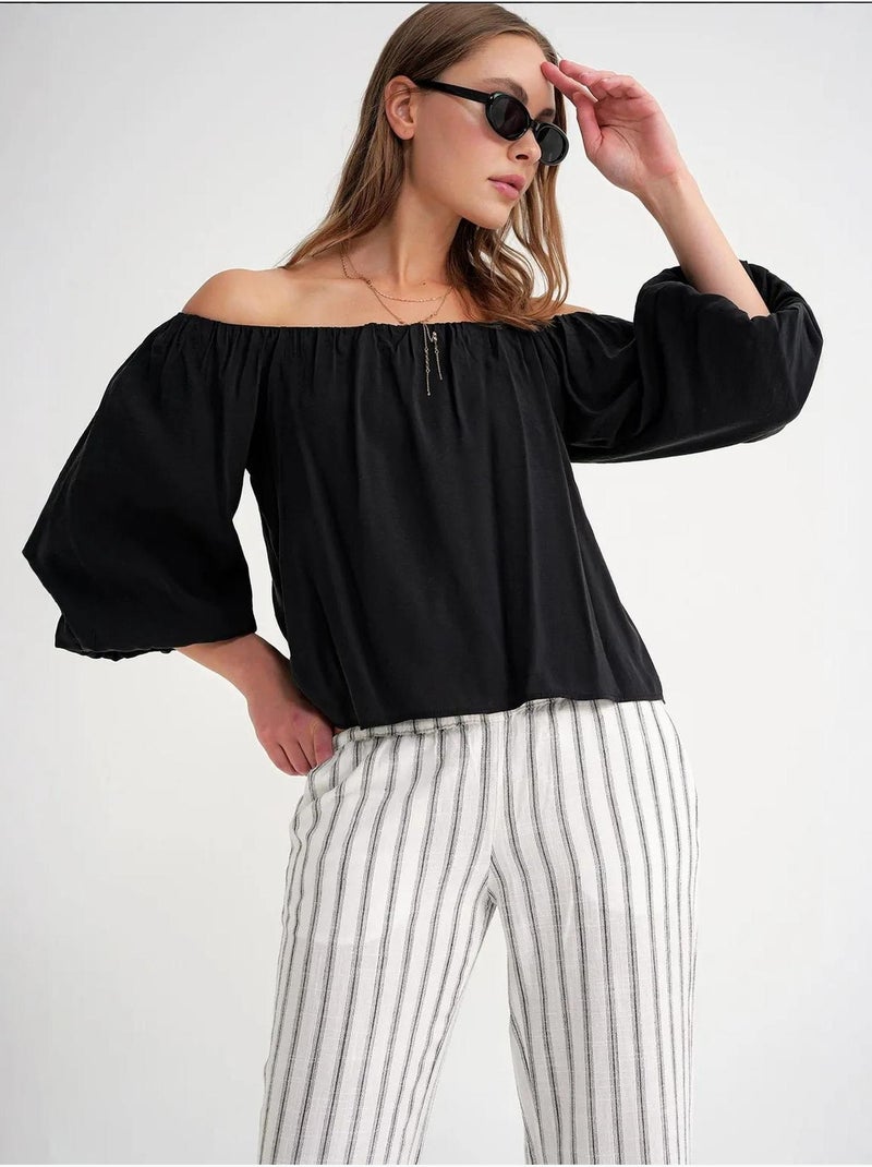 Blusa em mistura de modal com gola madonna e detalhe de folhos mixray Preto - Kiabi