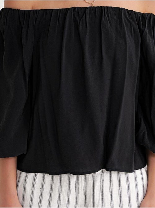 Blusa em mistura de modal com gola madonna e detalhe de folhos mixray - Kiabi