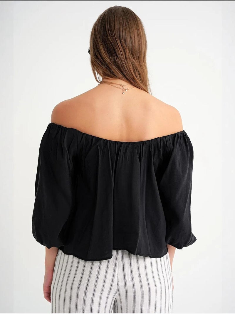 Blusa em mistura de modal com gola madonna e detalhe de folhos mixray Preto - Kiabi