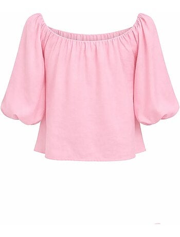 Blusa em mistura de modal com gola madonna e detalhe de folhos mixray