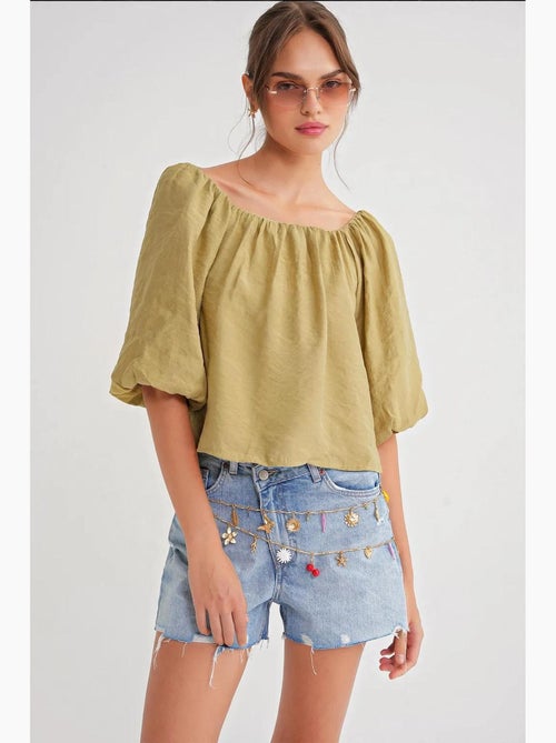 Blusa em mistura de modal com gola madonna e detalhe de folhos mixray - Kiabi