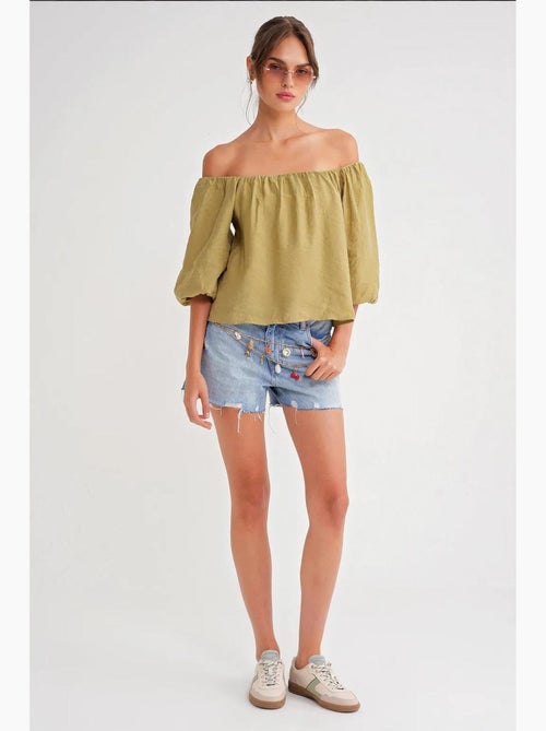 Blusa em mistura de modal com gola madonna e detalhe de folhos mixray - Kiabi