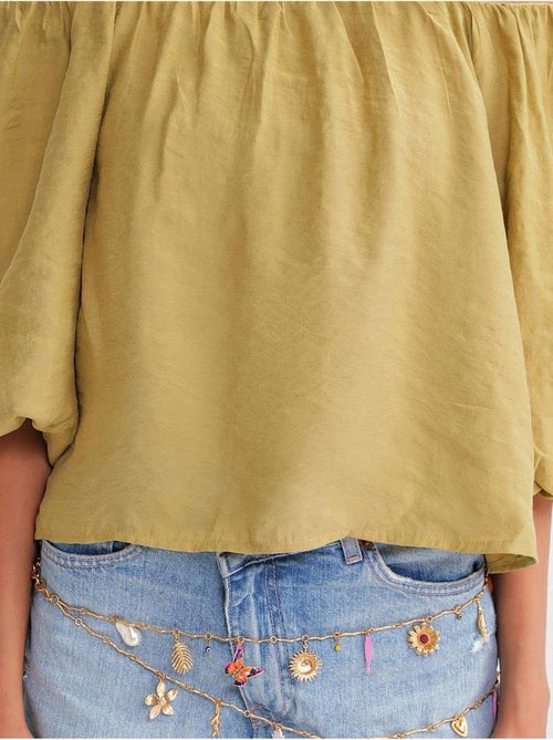 Blusa em mistura de modal com gola madonna e detalhe de folhos mixray - Kiabi
