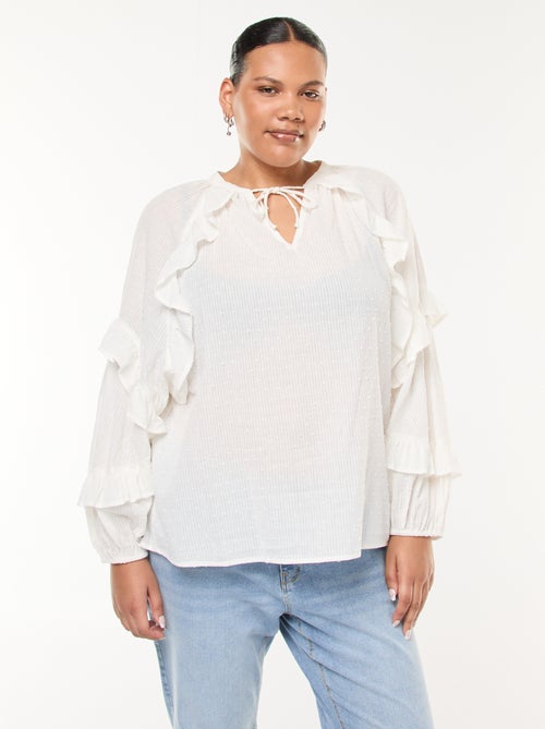 Blusa em plumetis com folhos e laços para atar no colarinho - Kiabi