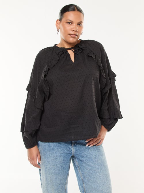 Blusa em plumetis com folhos e laços para atar no colarinho - Kiabi