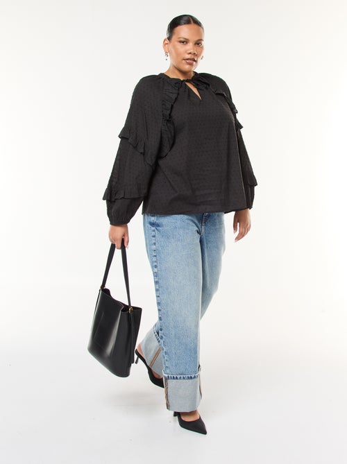 Blusa em plumetis com folhos e laços para atar no colarinho - Kiabi