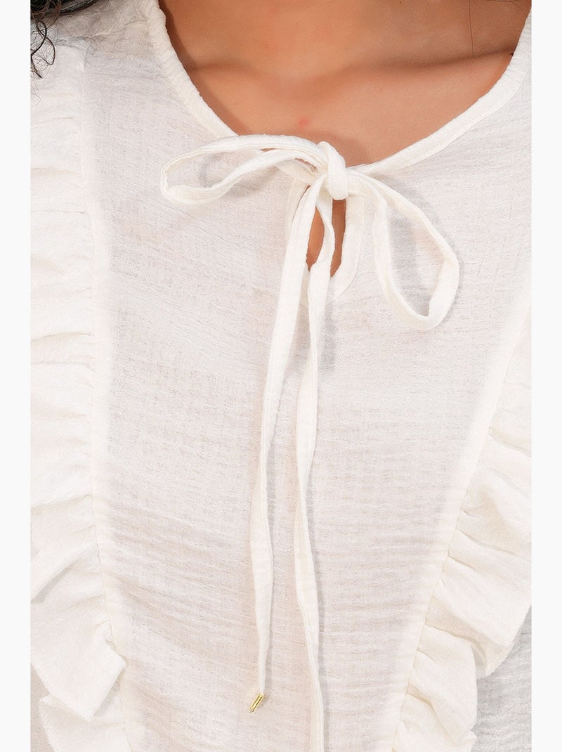 Blusa em tecido com folhos e fecho de amarração bdart Branco - Kiabi