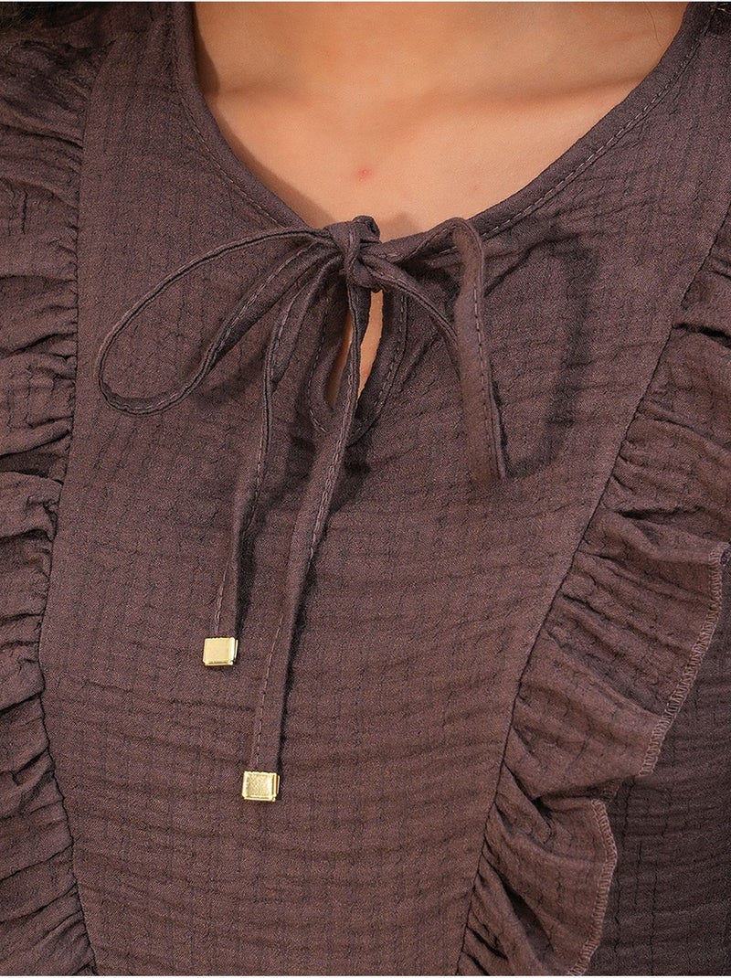 Blusa em tecido com folhos e fecho de amarração bdart Castanho-chocolate - Kiabi