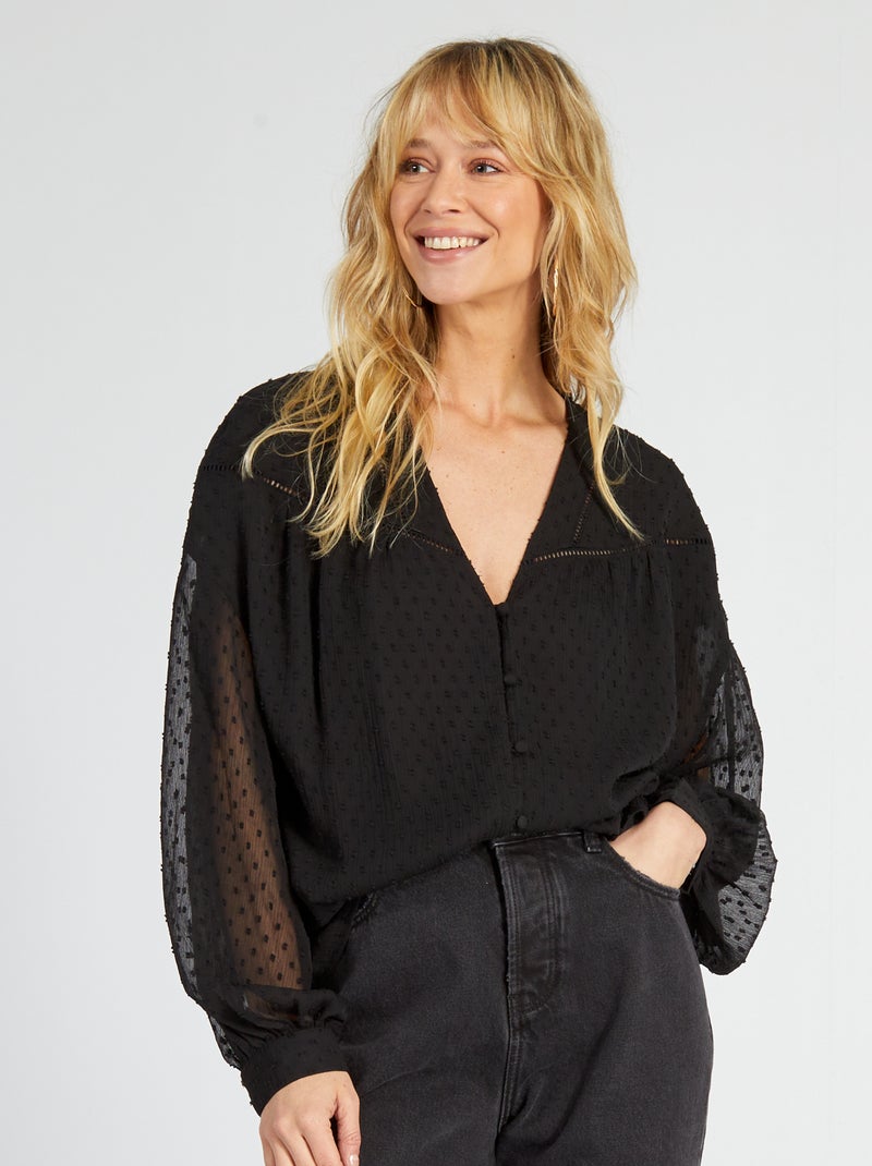 Blusa em voile a ponto cheio Preto - Kiabi