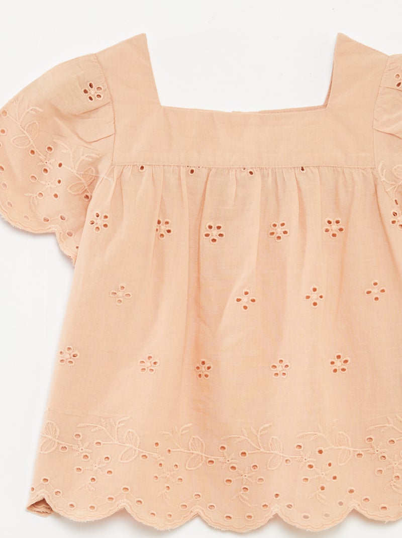 Blusa em voile de algodão com bordado inglês BEGE - Kiabi