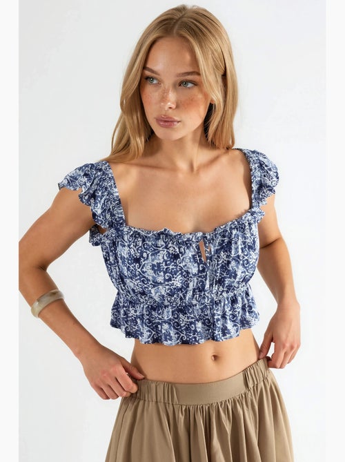 Blusa estampada gola quadrada com folho busem - Kiabi