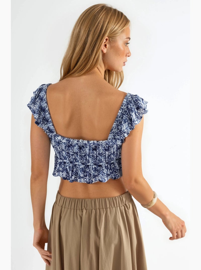Blusa estampada gola quadrada com folho busem Azul-marinho - Kiabi