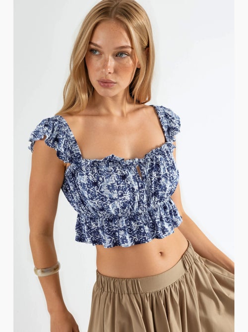 Blusa estampada gola quadrada com folho busem - Kiabi