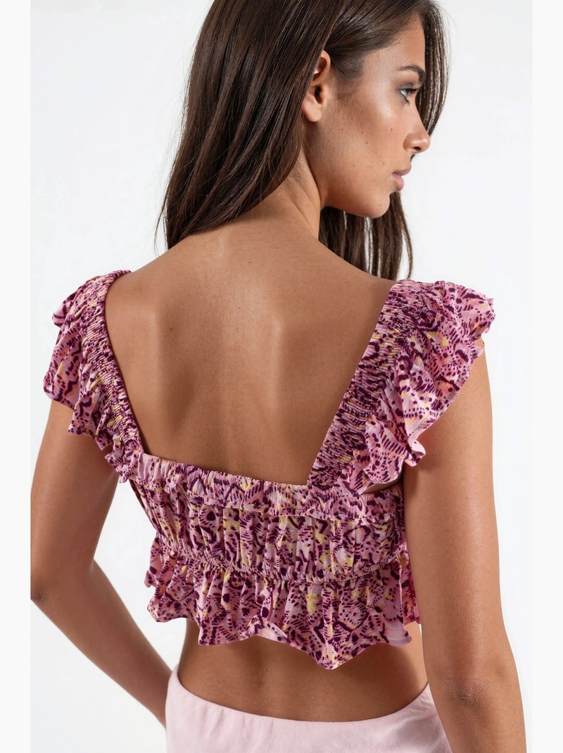 Blusa estampada gola quadrada com folho busem Rosa velho - Kiabi
