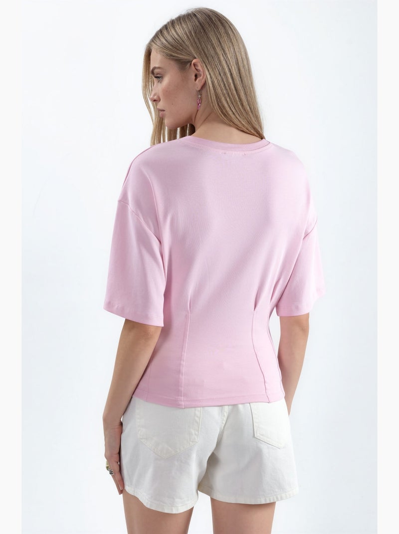 Blusa feminina de algodão canelado com gola redonda busem Rosa-claro - Kiabi