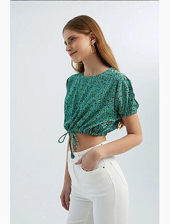 Blusa floral com decote redondo e cordão ajustável hiccup