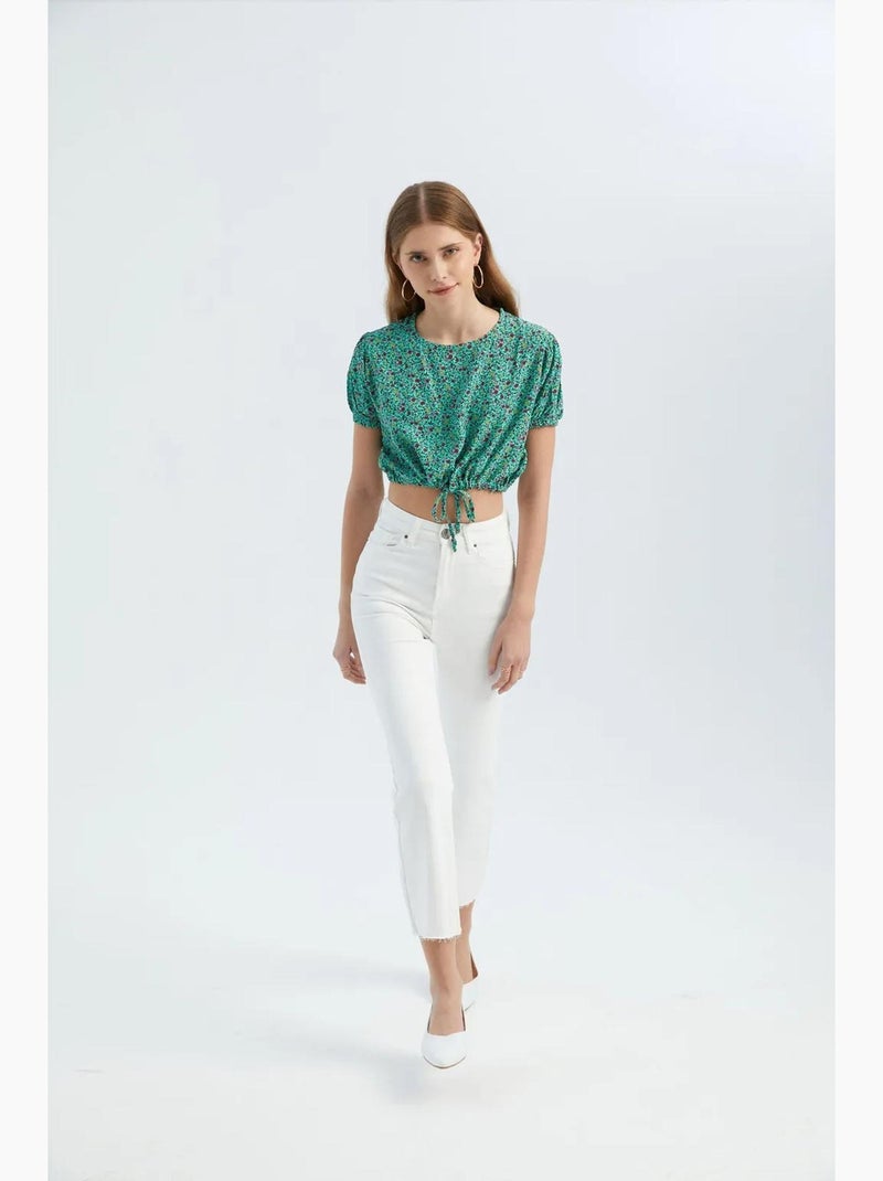 Blusa floral com decote redondo e cordão ajustável hiccup Verde - Kiabi