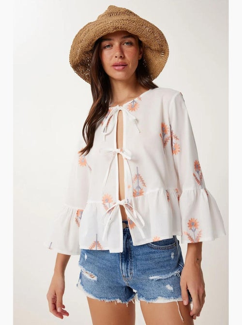 Blusa floral gola redonda manga comprida com folho istanbul - Kiabi