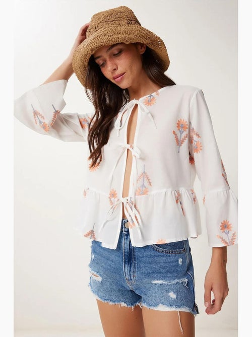 Blusa floral gola redonda manga comprida com folho istanbul - Kiabi