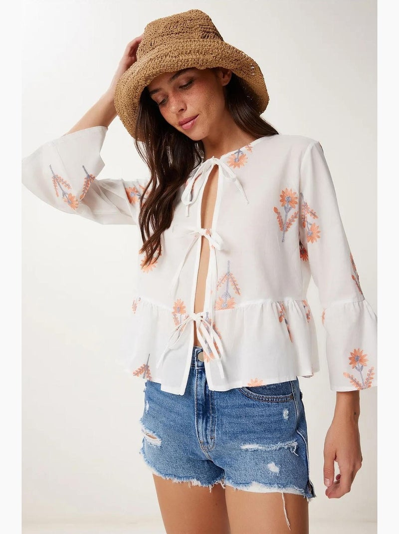 Blusa floral gola redonda manga comprida com folho istanbul Branco - Kiabi