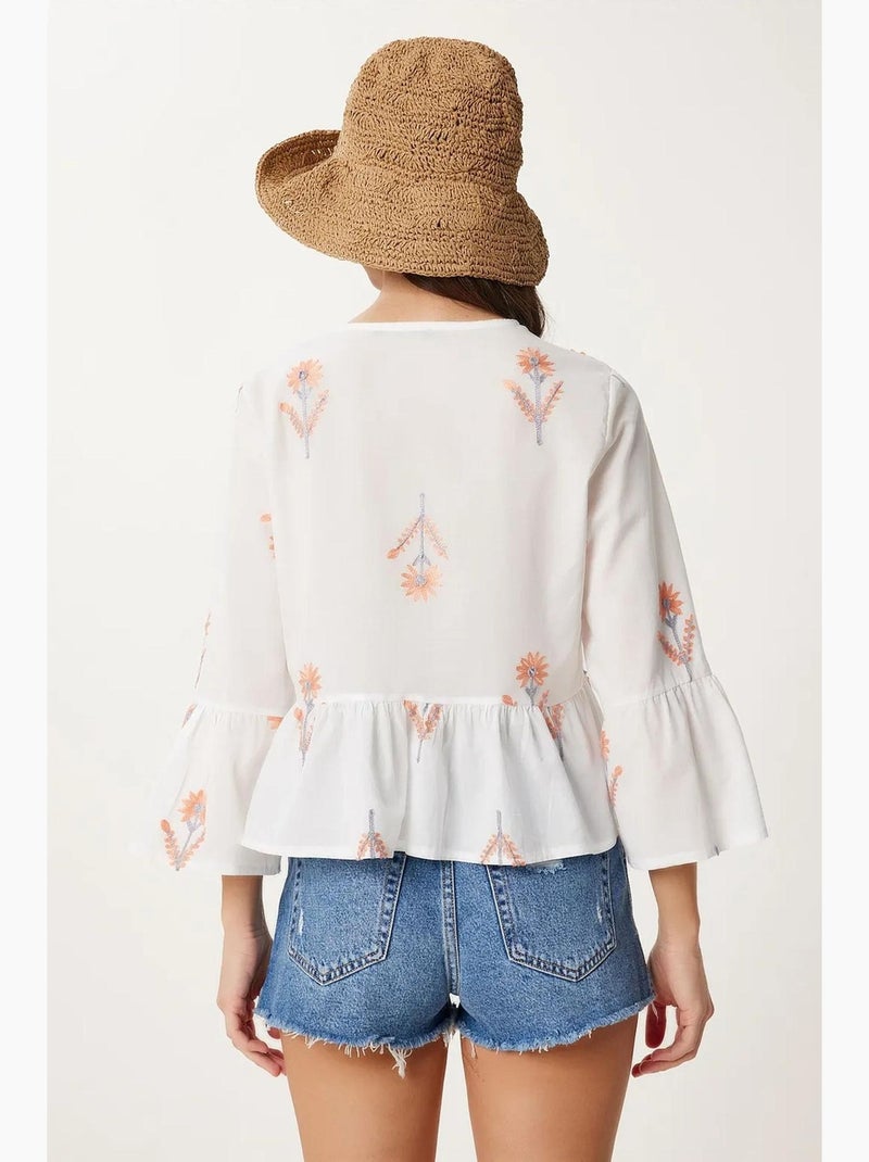Blusa floral gola redonda manga comprida com folho istanbul Branco - Kiabi