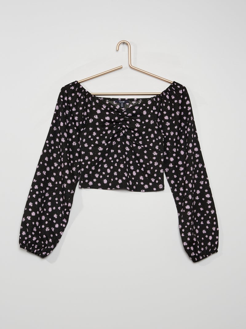 Blusa florida com franzido PRETO - Kiabi