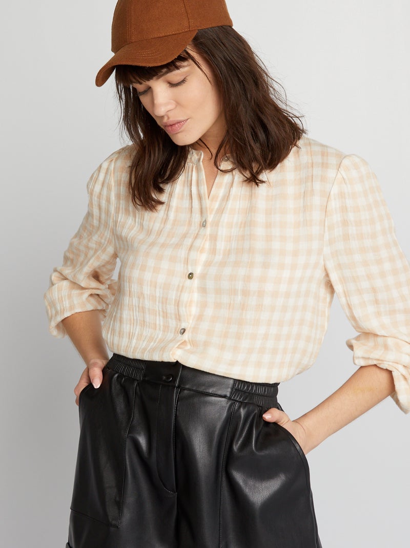 Blusa fluida com estampado vichy BEGE - Kiabi