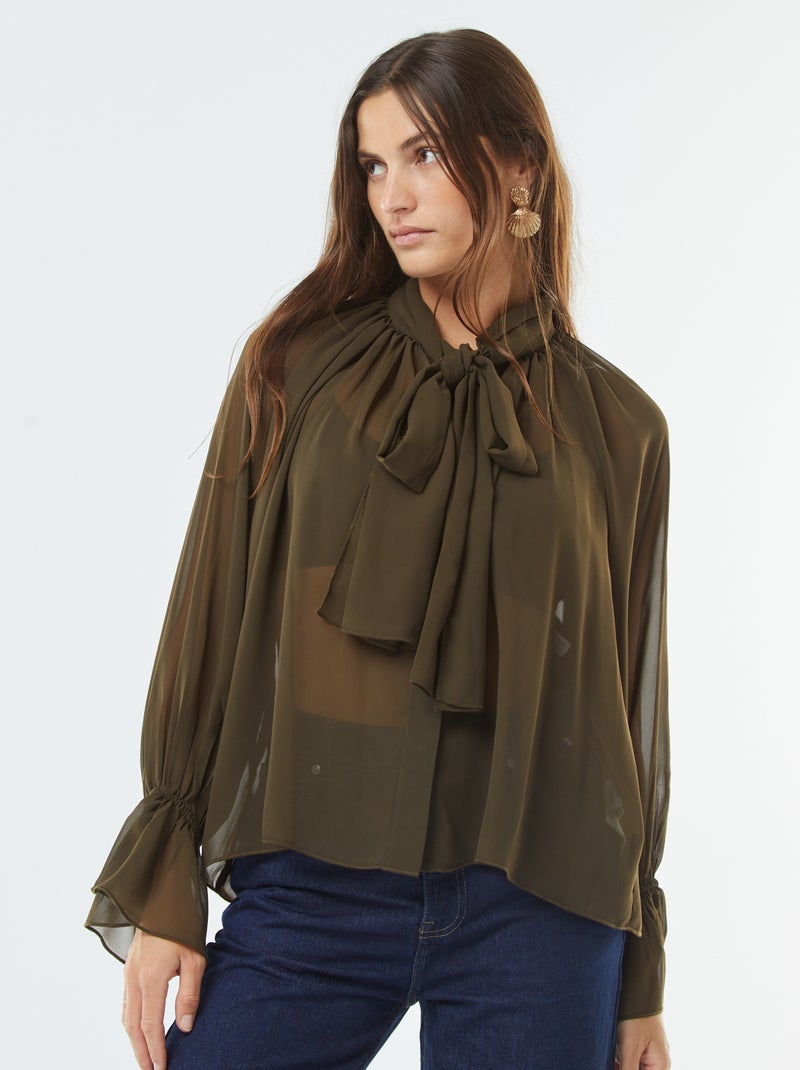 Blusa fluida com mangas com folhos Caqui - Kiabi