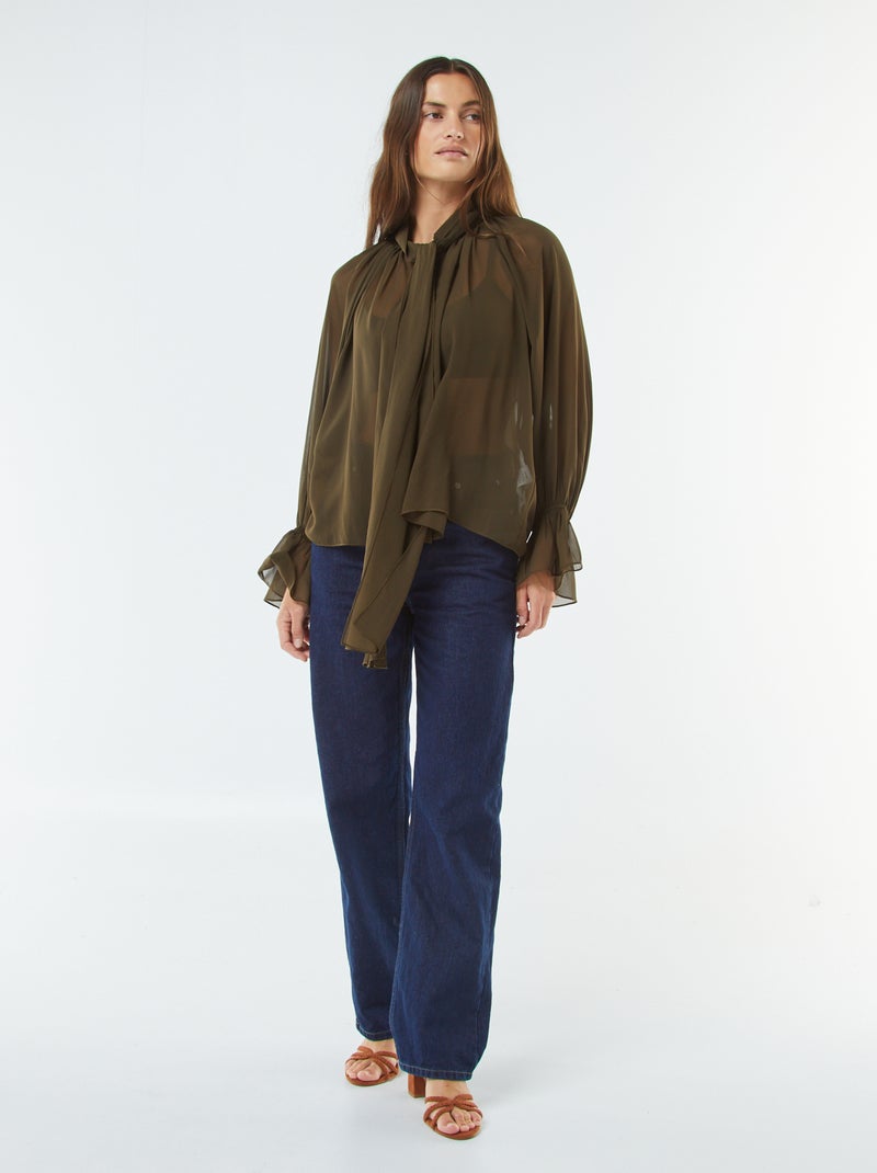 Blusa fluida com mangas com folhos Caqui - Kiabi