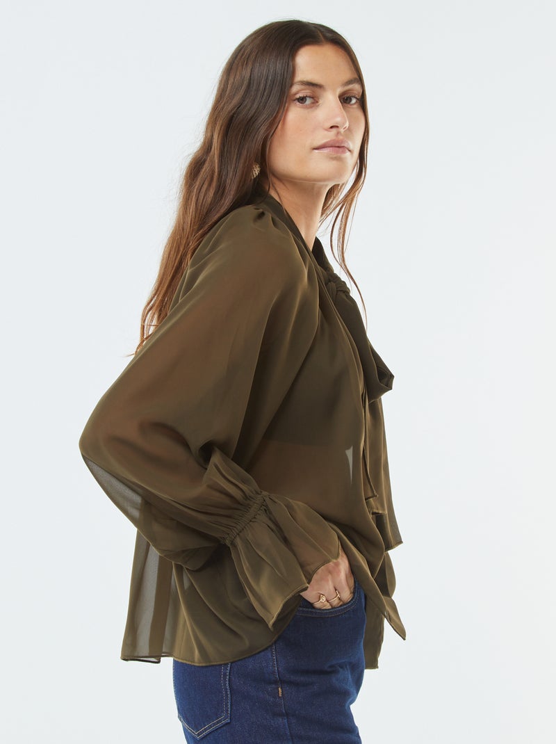 Blusa fluida com mangas com folhos Caqui - Kiabi