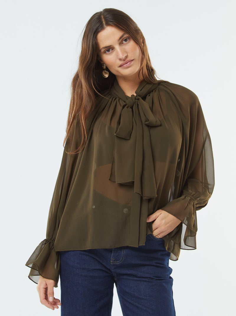 Blusa fluida com mangas com folhos Caqui - Kiabi