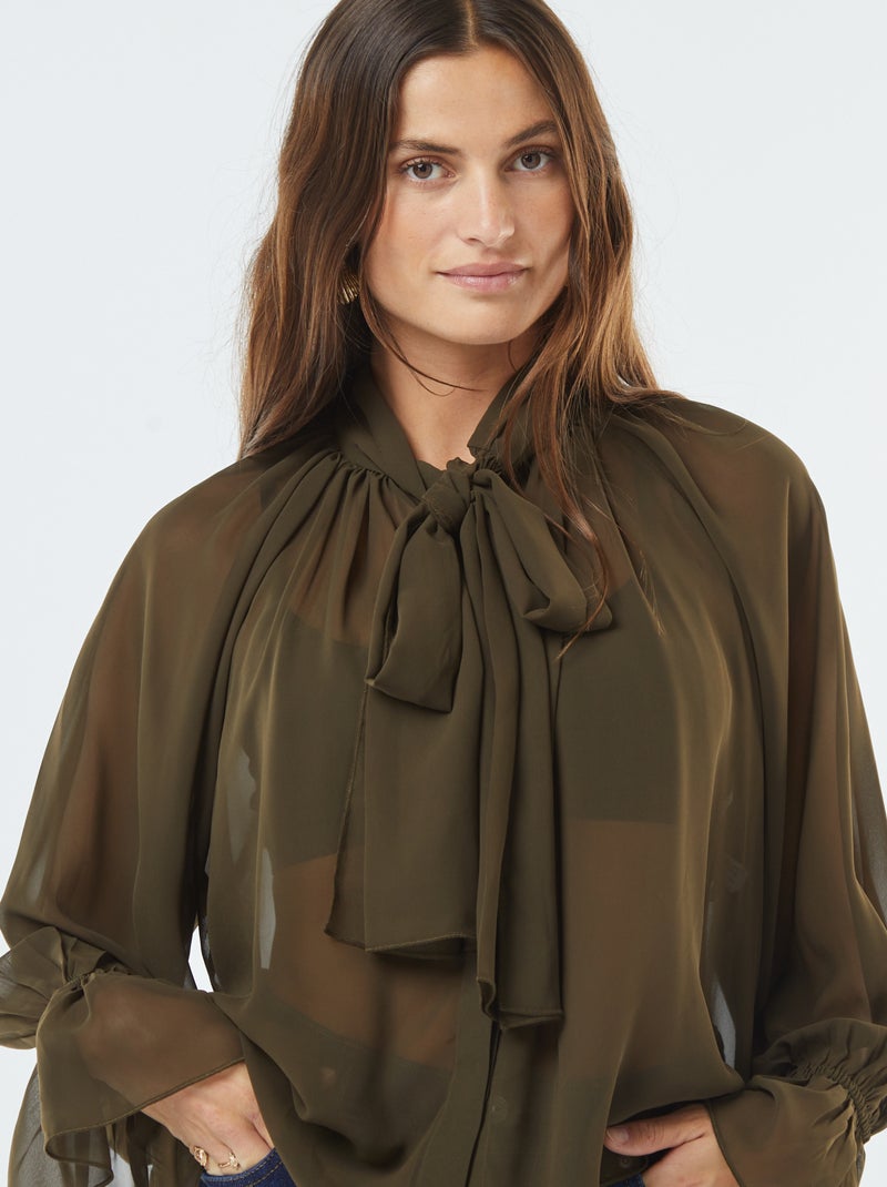 Blusa fluida com mangas com folhos Caqui - Kiabi