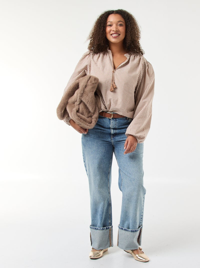 Blusa fluida com padrão vichy Bege - Kiabi