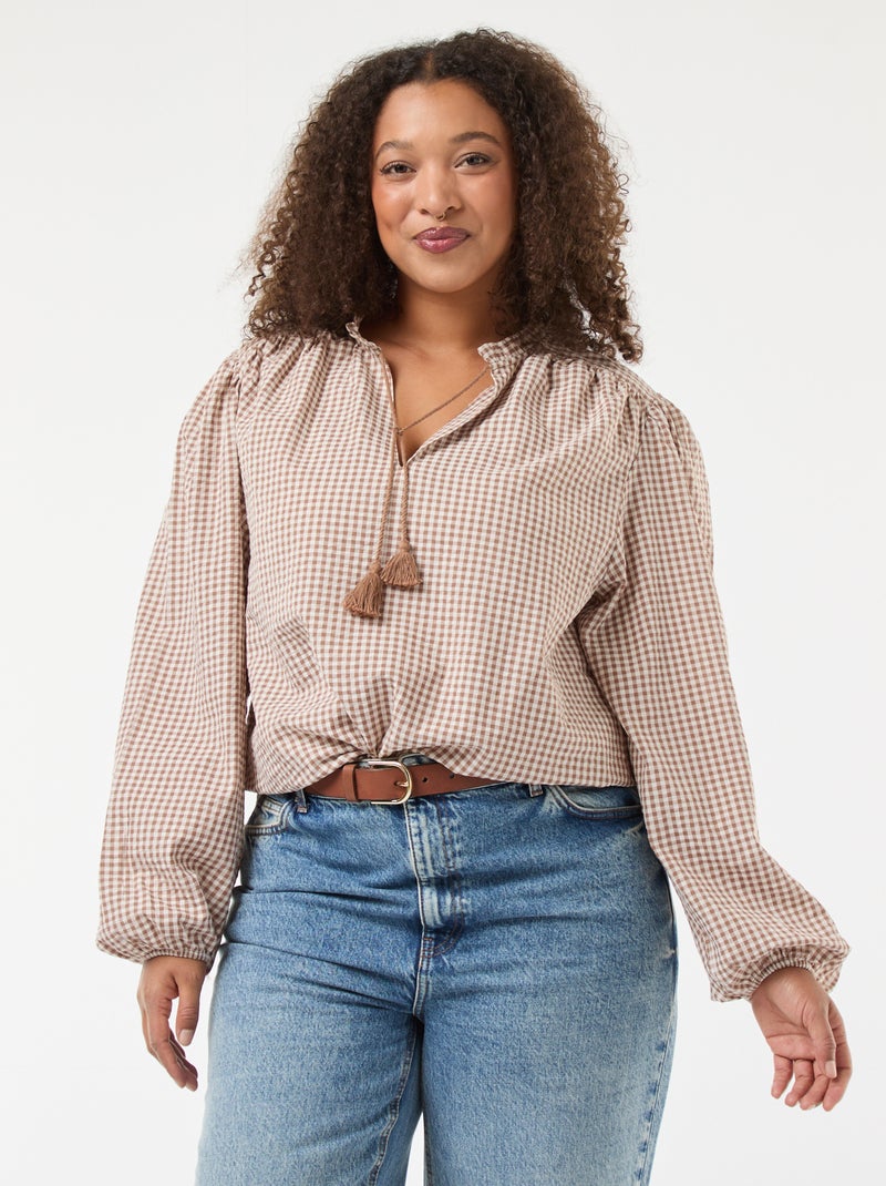 Blusa fluida com padrão vichy Bege - Kiabi