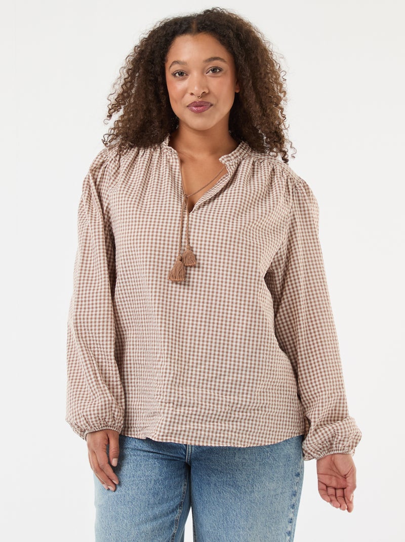 Blusa fluida com padrão vichy Bege - Kiabi
